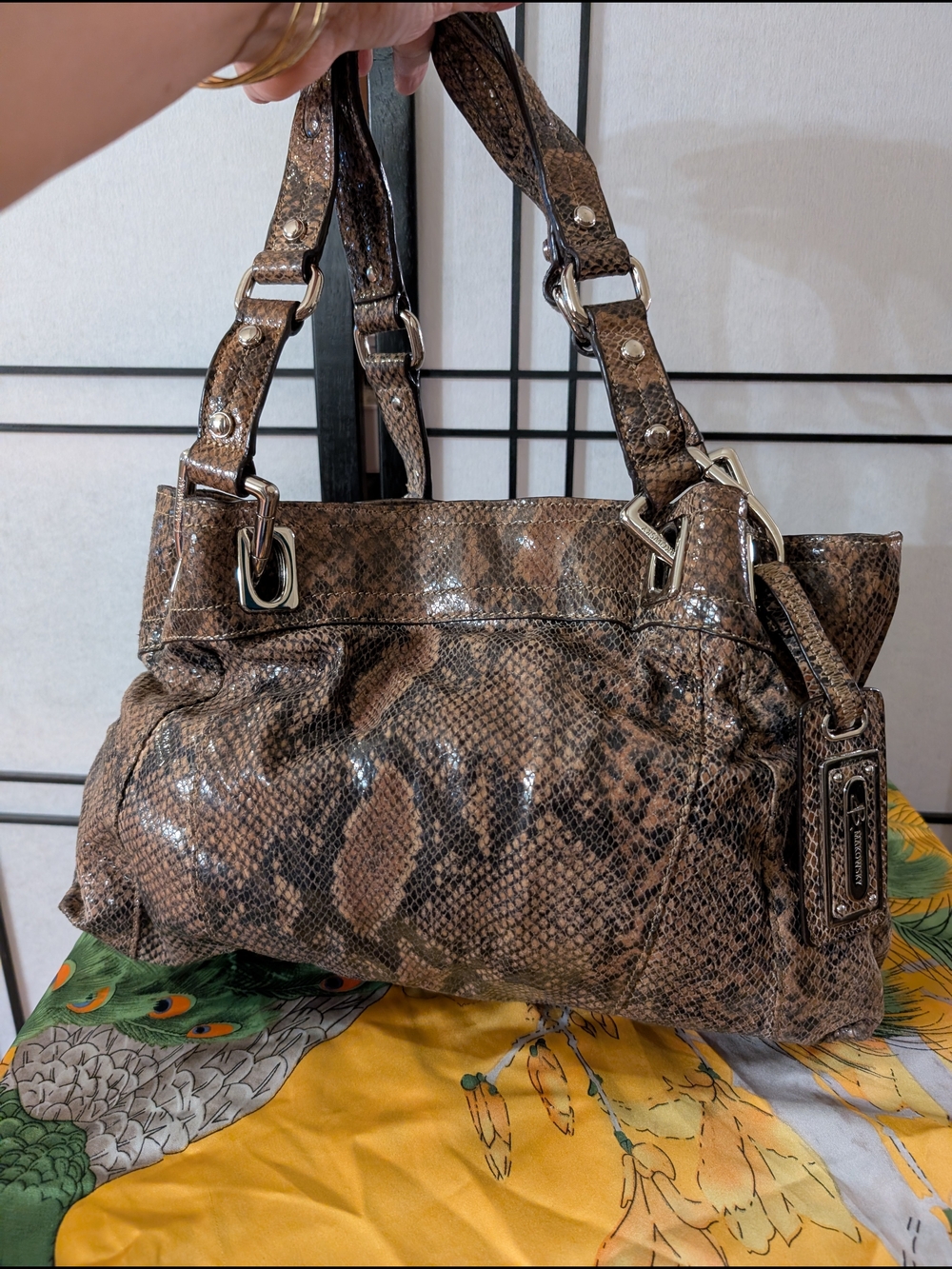B. Makowsky Brown Snakeskin Embossed Leather Satchel Handbag